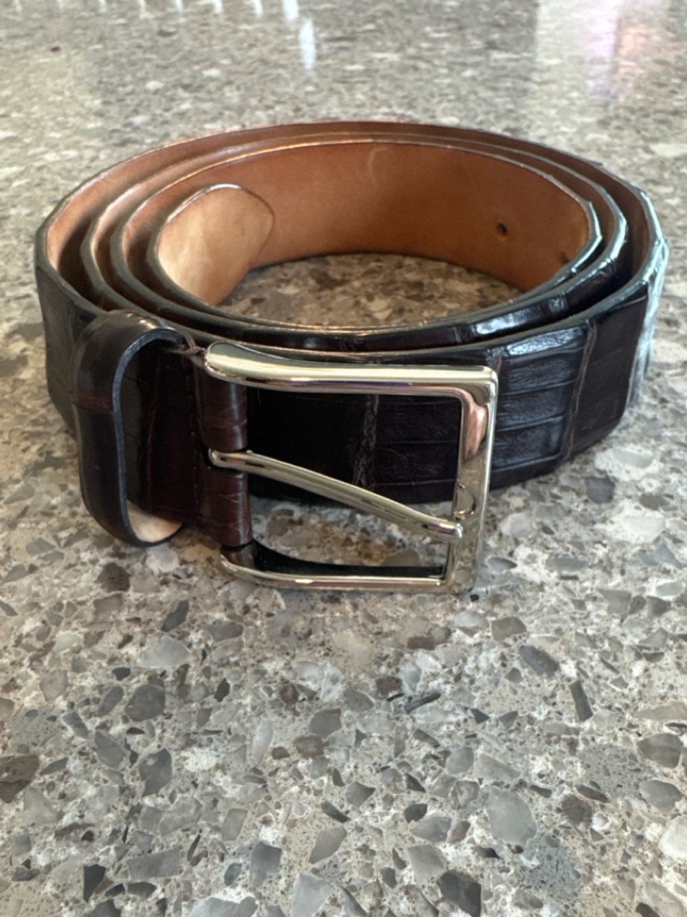 Simonnot-Godard Genuine Crocodile Belt Size 44 Brown Brass Buckle Luxury Italian